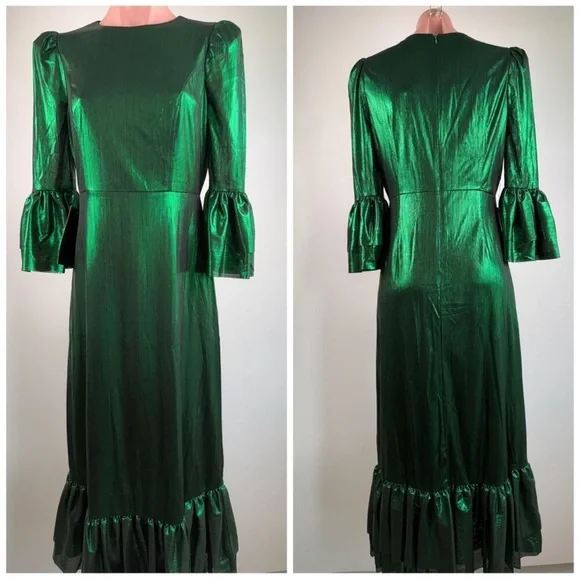 NWT Pomander Place Emerald Crinkle Lurex Midi Dress Size L Holiday Wedding Party - Picture 5 of 9